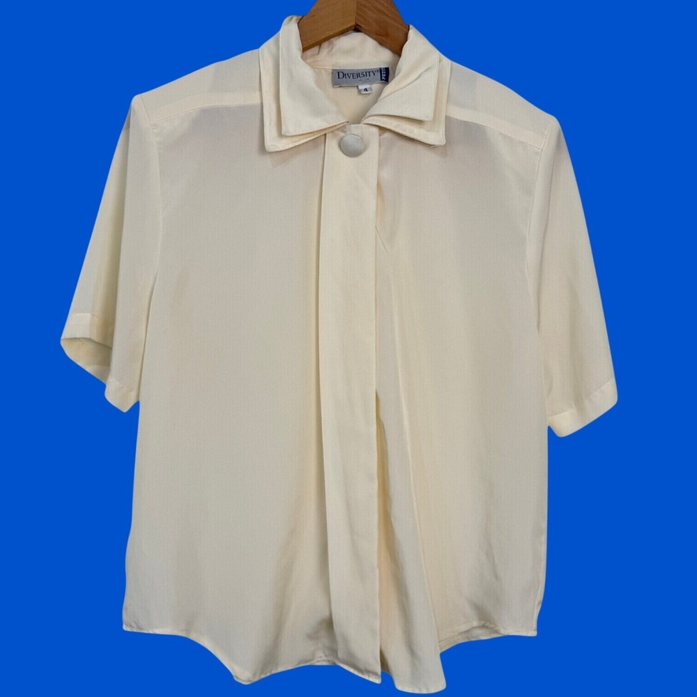 Vintage Double Collar Blouse Womens 4P Oversized Cream Hidden Button Minimalist